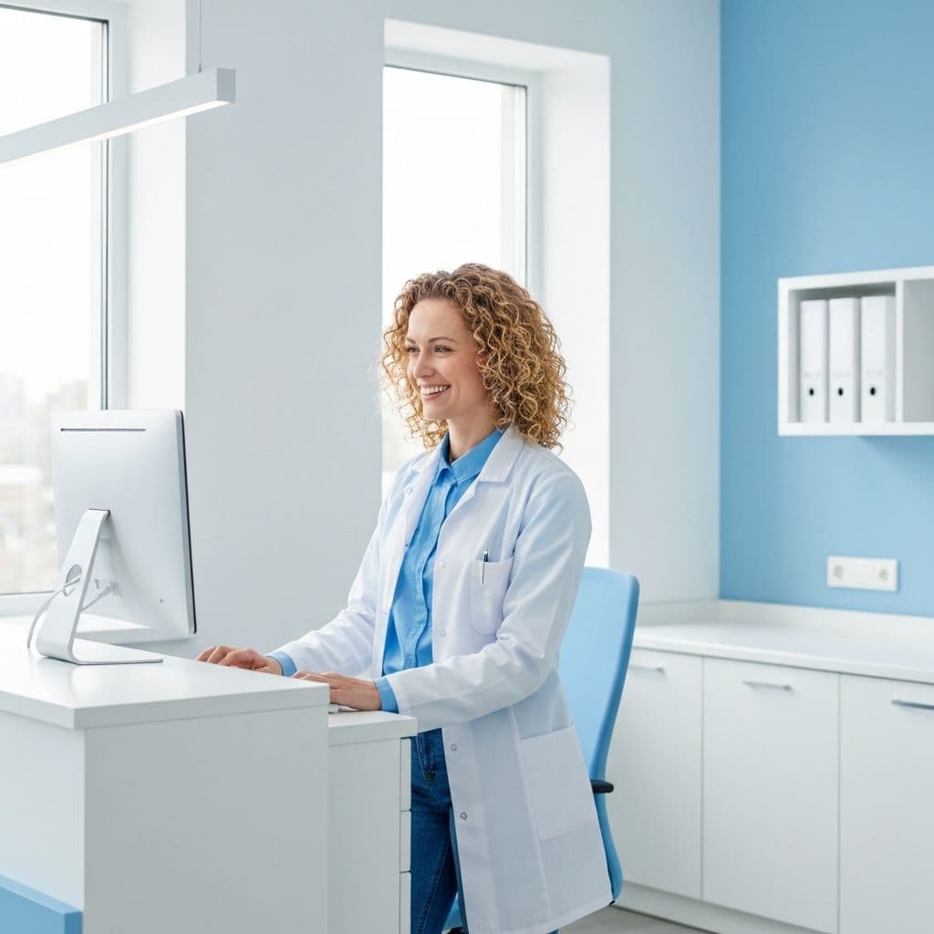 Asistente médica gestionando citas en el panel de AgendaDirecta en una clínica moderna